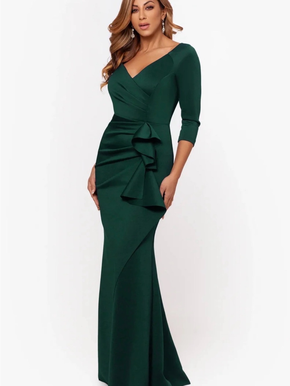 Xscape Lexi Ruched Emerald Green V-Neck Scuba Evening Gown Fall Wedding MOB